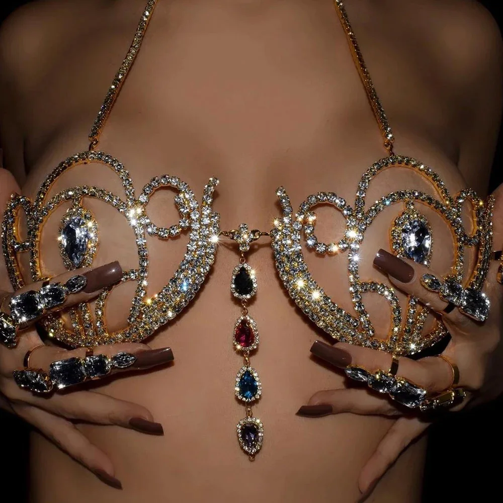 Body Jewelry - 女性のための豪華なラインストーンビキニブラ,幾何学的な水滴ハーネス,ランジェリー,クリスタルチェストサポート,ボディジュエリー,ファッション