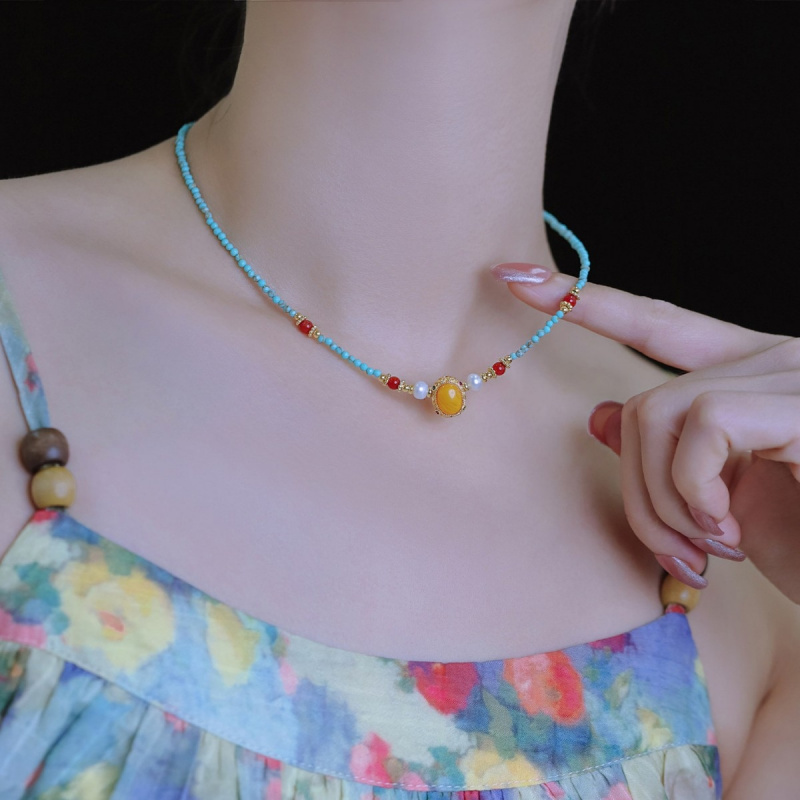 Pearl Choker Necklace Vintage - 新着ヴィンテージブルーターコイズと蜜蝋天然淡水パール14Kゴールドフィルド女性用チェーンネックレスジュエリー女性用