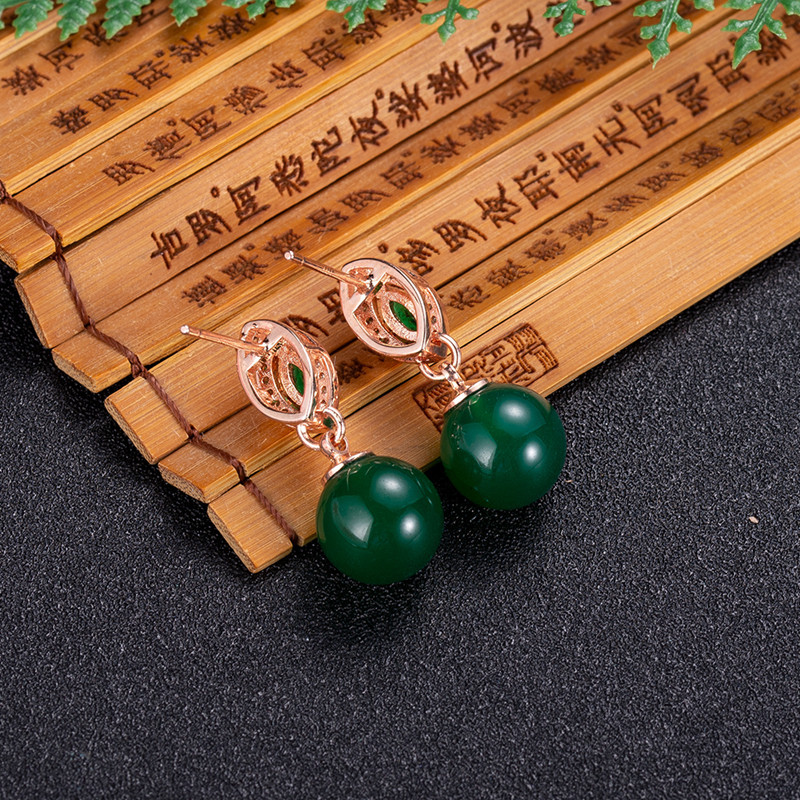 Earrings - 天然翡翠ビーズのイヤリング,彫刻された宝石,本物のジュエリー,イヤリング,高級石,ピンクゴールドメッキ,ファッションアクセサリー