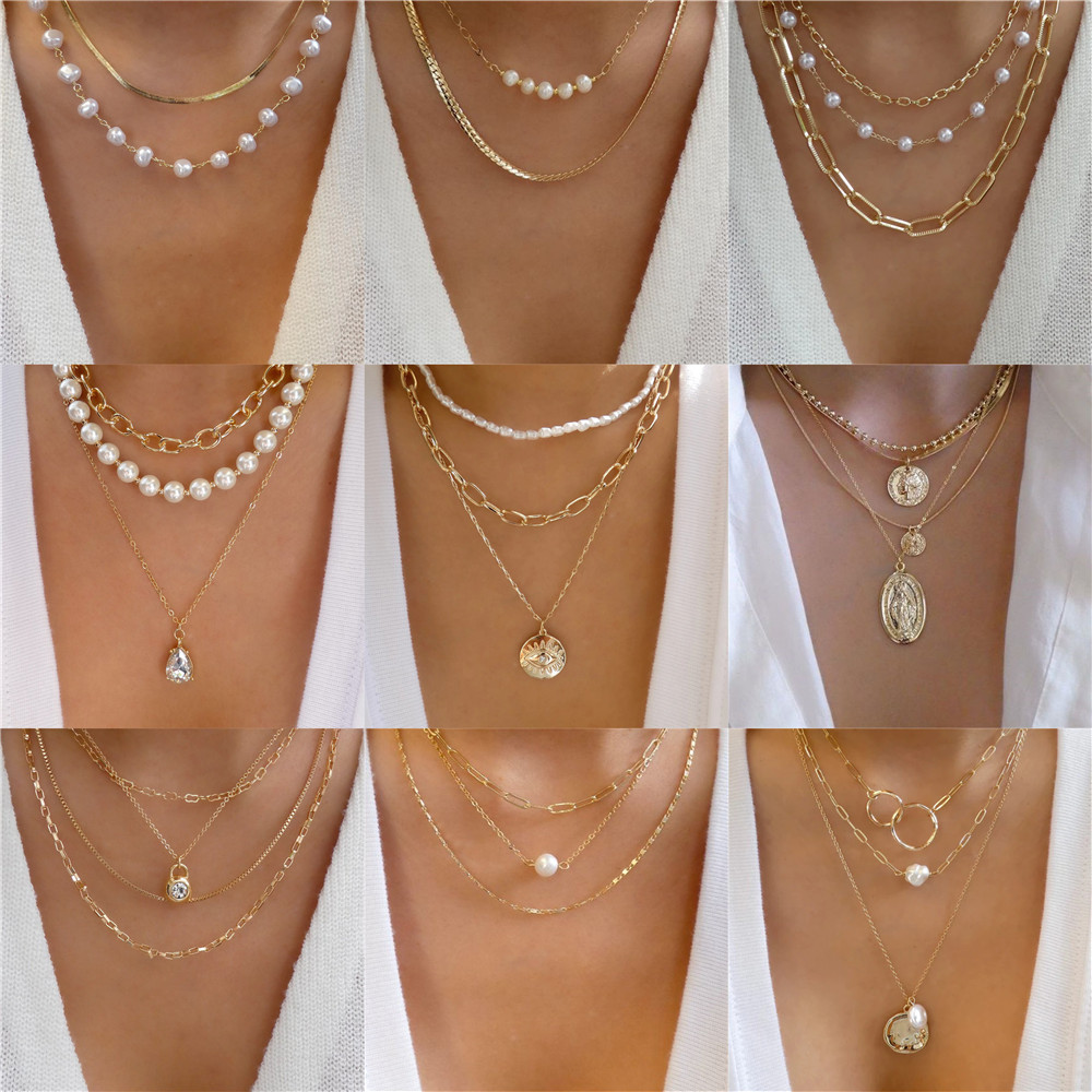 女性のためのマルチレイヤーネックレス,幾何学的ビーズ,非対称 - Pearl Choker Necklace Vintage のレビューと価格