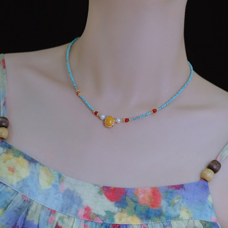 新着ヴィンテージブルーターコイズと蜜蝋天然淡水パール14Kゴ - Pearl Choker Necklace Vintage のレビューと価格
