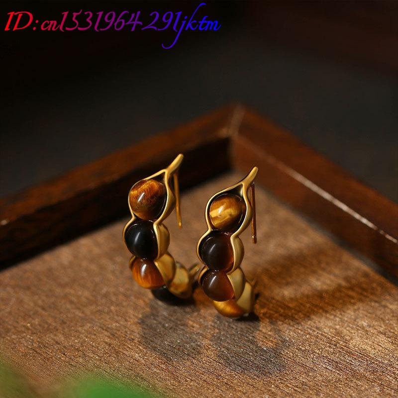 タイガーアイポッドイヤリング宝石本物のジュエリーデザイナー耳 - Earrings のレビューと価格